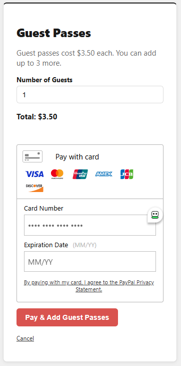 The EasyPoolPass guest pass checkout screen