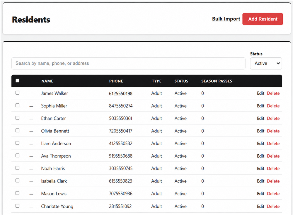 The EasyPoolPass admin Residents list
